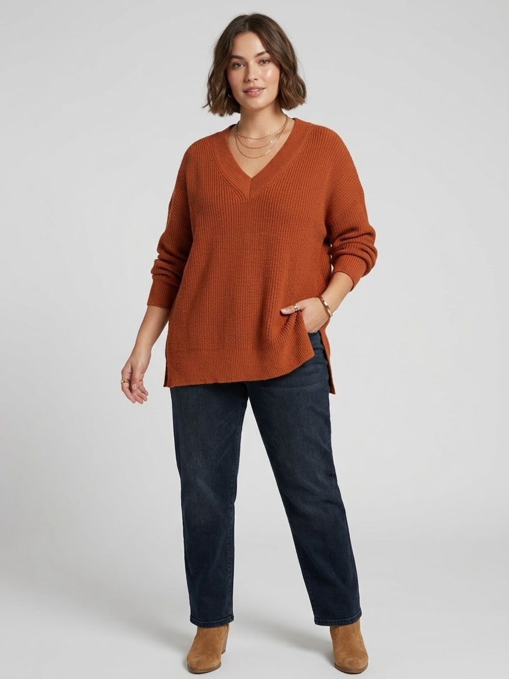 Rachel Zoe Merino Wool Blend Rust Burnt Orange V-Neck Ribbed Knit Sweater Size M
